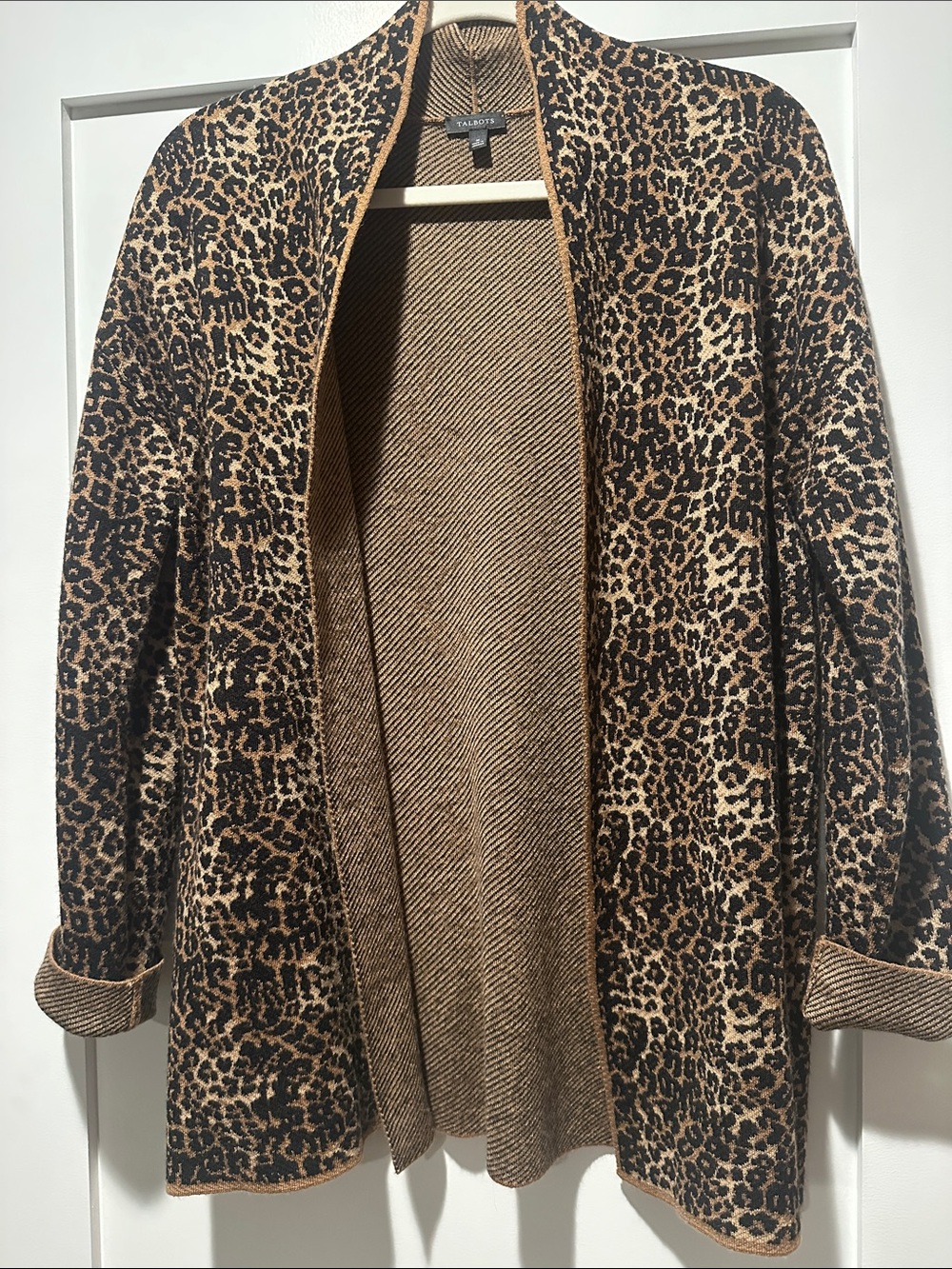 Talbots Leopard Knit Open Cardigan Sweater Jacket in Brown and Black, Size M